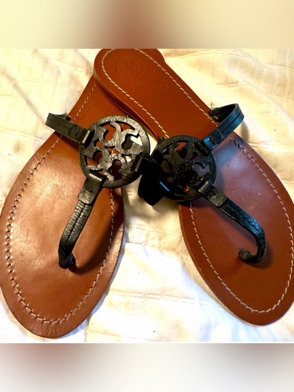 Tory Burch Brown Leather Sandals with Black Logo Medallions